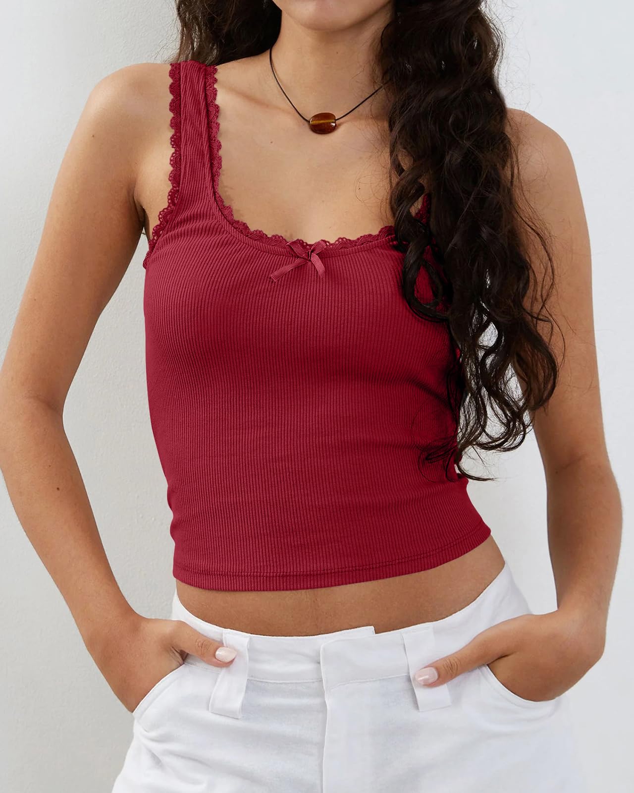 Women's Tank Tops Cute Slim Fitted Ribbed Knit Bow Lace Camisole Top Sexy Summer Square Neck Sleeveless Going Out Tops