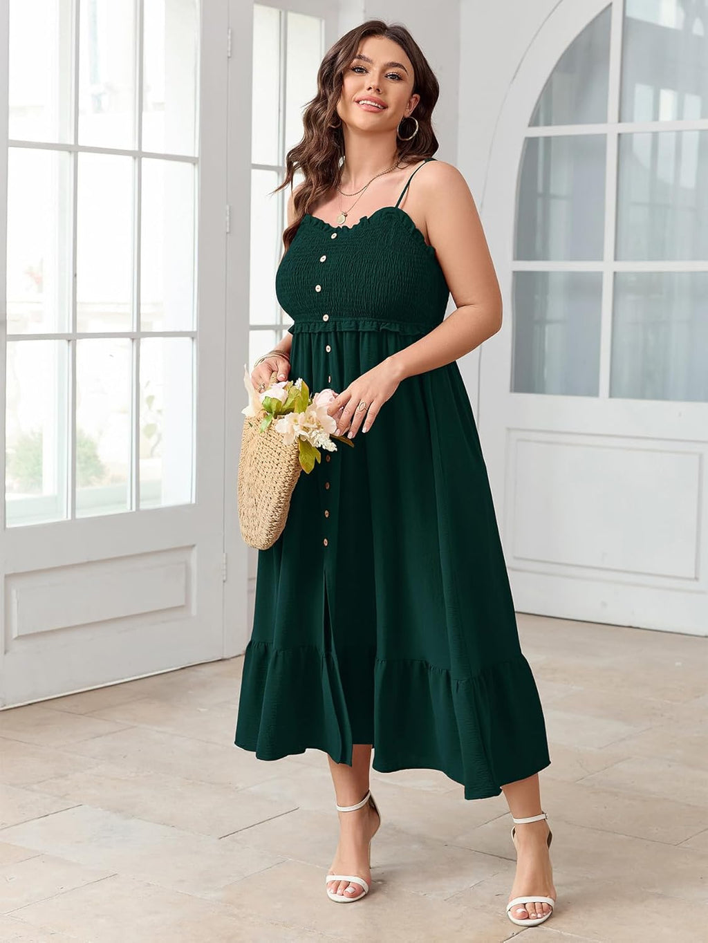 SCOMCHIC Womens Plus Size Summer Dresses Sleeveless Spaghetti Strap Button Down Smocked Beach Long Maxi Dress with Slit