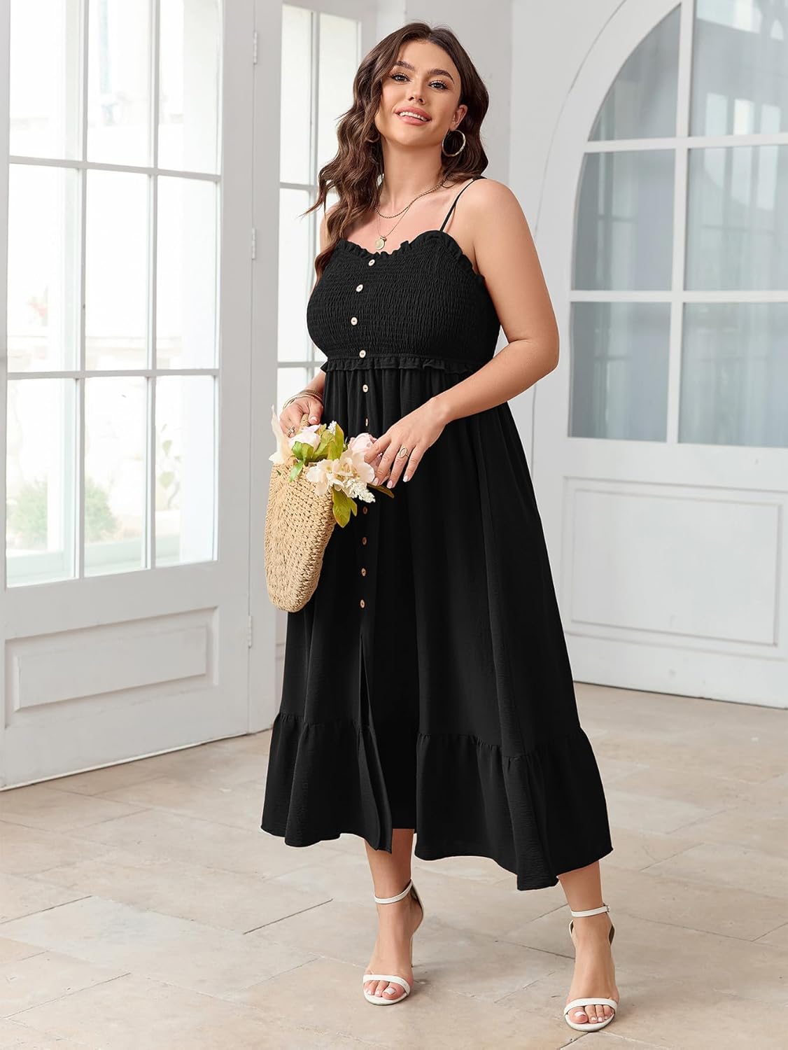 SCOMCHIC Womens Plus Size Summer Dresses Sleeveless Spaghetti Strap Button Down Smocked Beach Long Maxi Dress with Slit