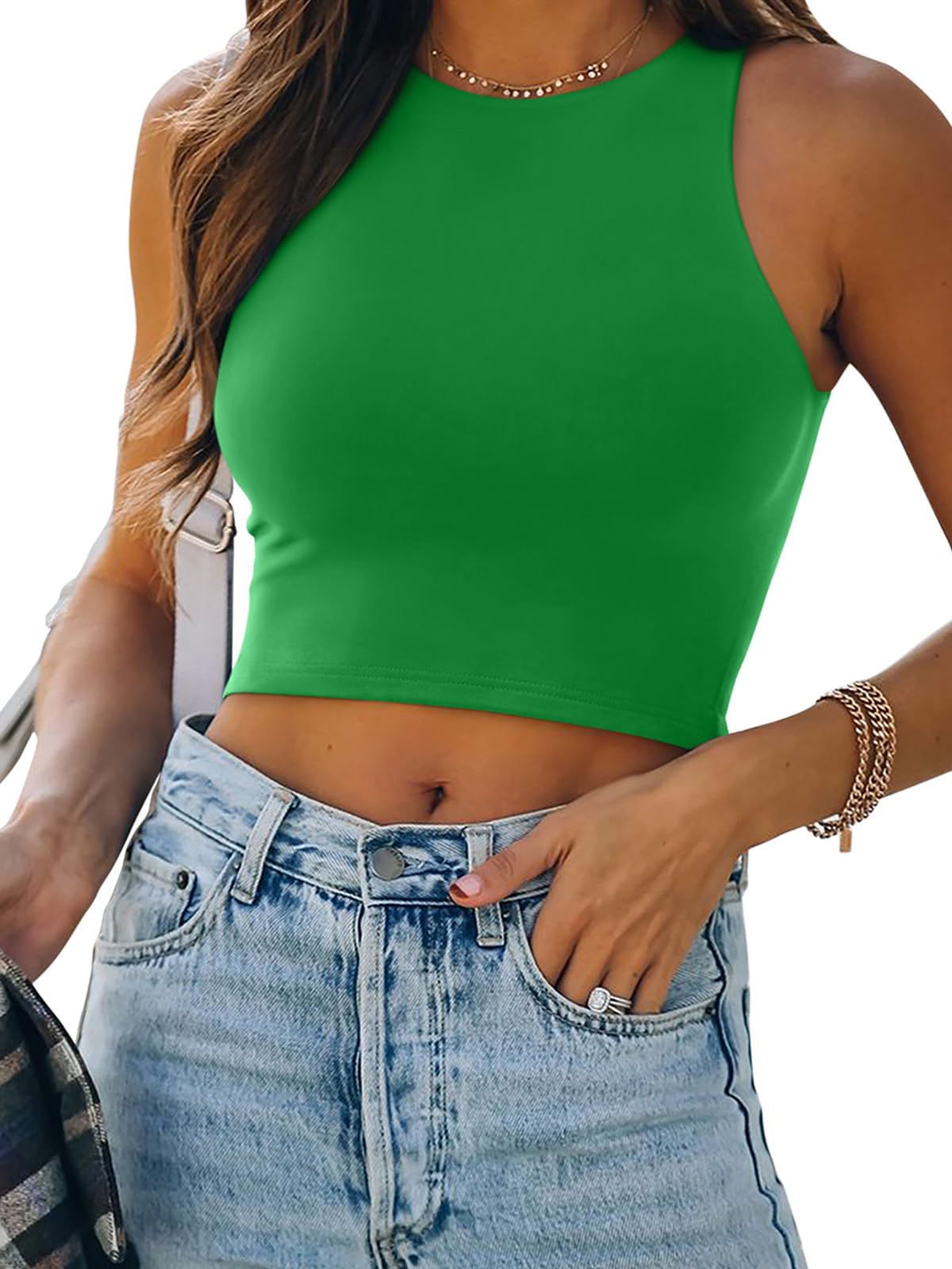 REORIA Women’s Sexy Sleeveless Racer Back Tank Tops Halter Neck Crop Tops