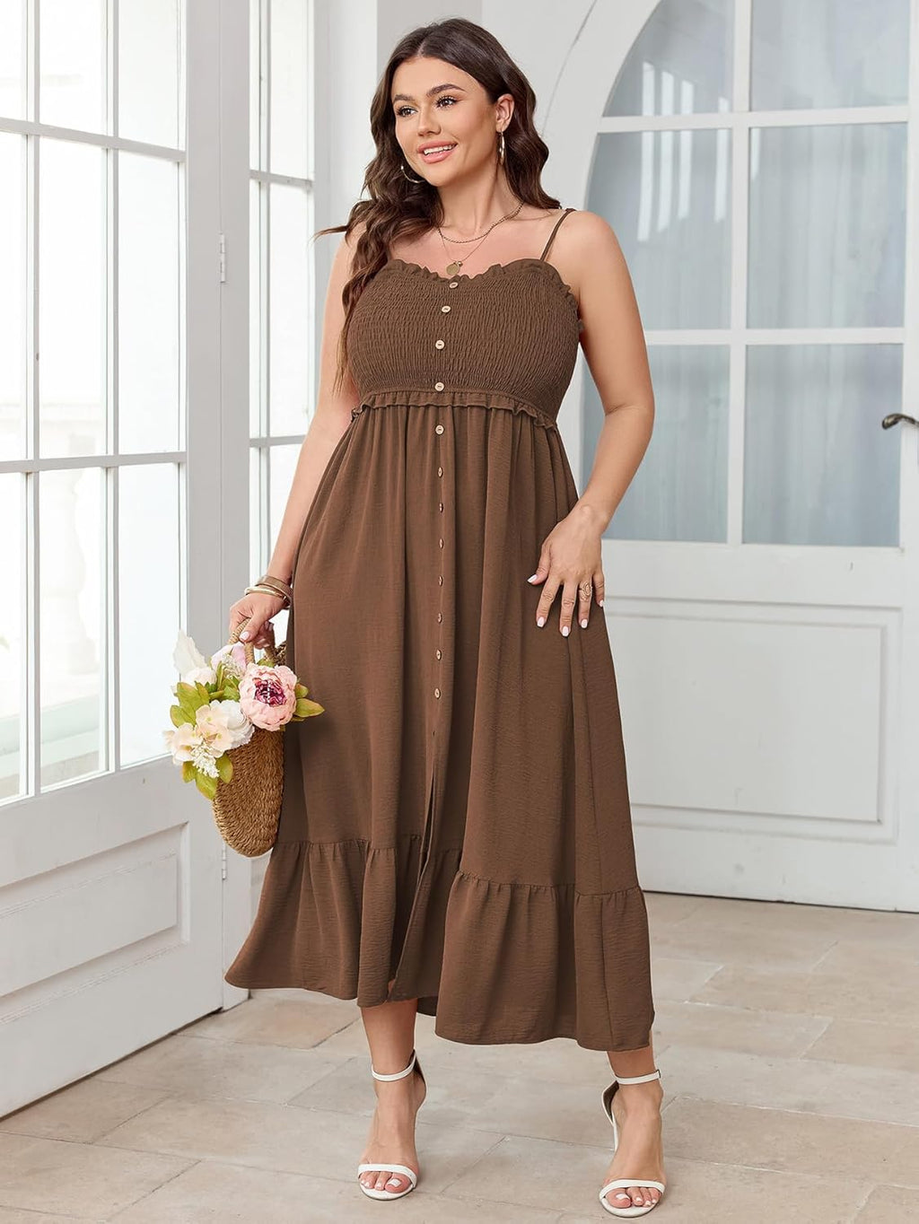 SCOMCHIC Womens Plus Size Summer Dresses Sleeveless Spaghetti Strap Button Down Smocked Beach Long Maxi Dress with Slit