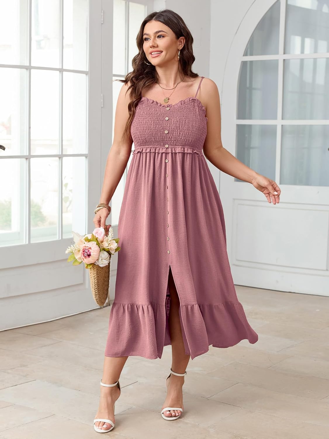 SCOMCHIC Womens Plus Size Summer Dresses Sleeveless Spaghetti Strap Button Down Smocked Beach Long Maxi Dress with Slit