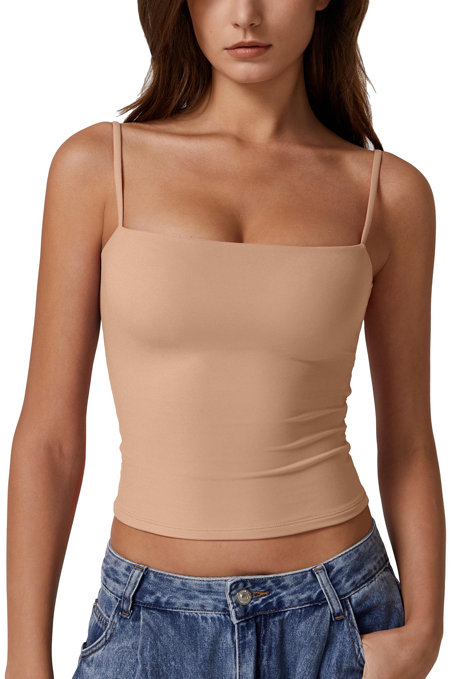 QINSEN Women's Double Lined Basic Tank Top Adjustable Spaghetti Straps Sleeveless Camisole Shirts