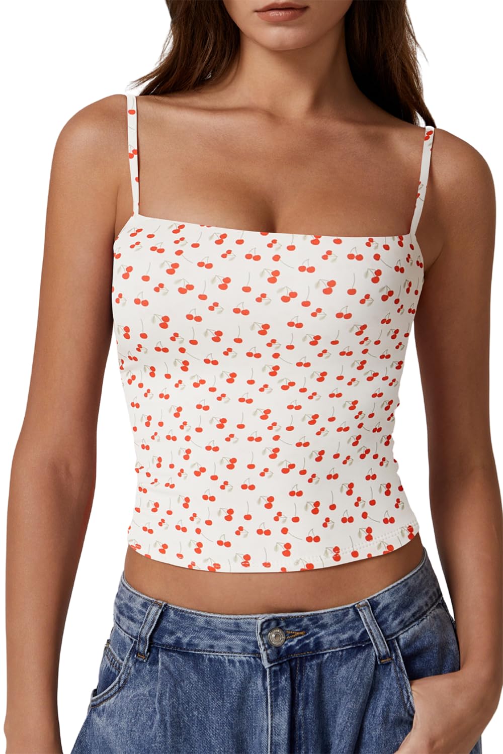 QINSEN Women's Double Lined Basic Tank Top Adjustable Spaghetti Straps Sleeveless Camisole Shirts