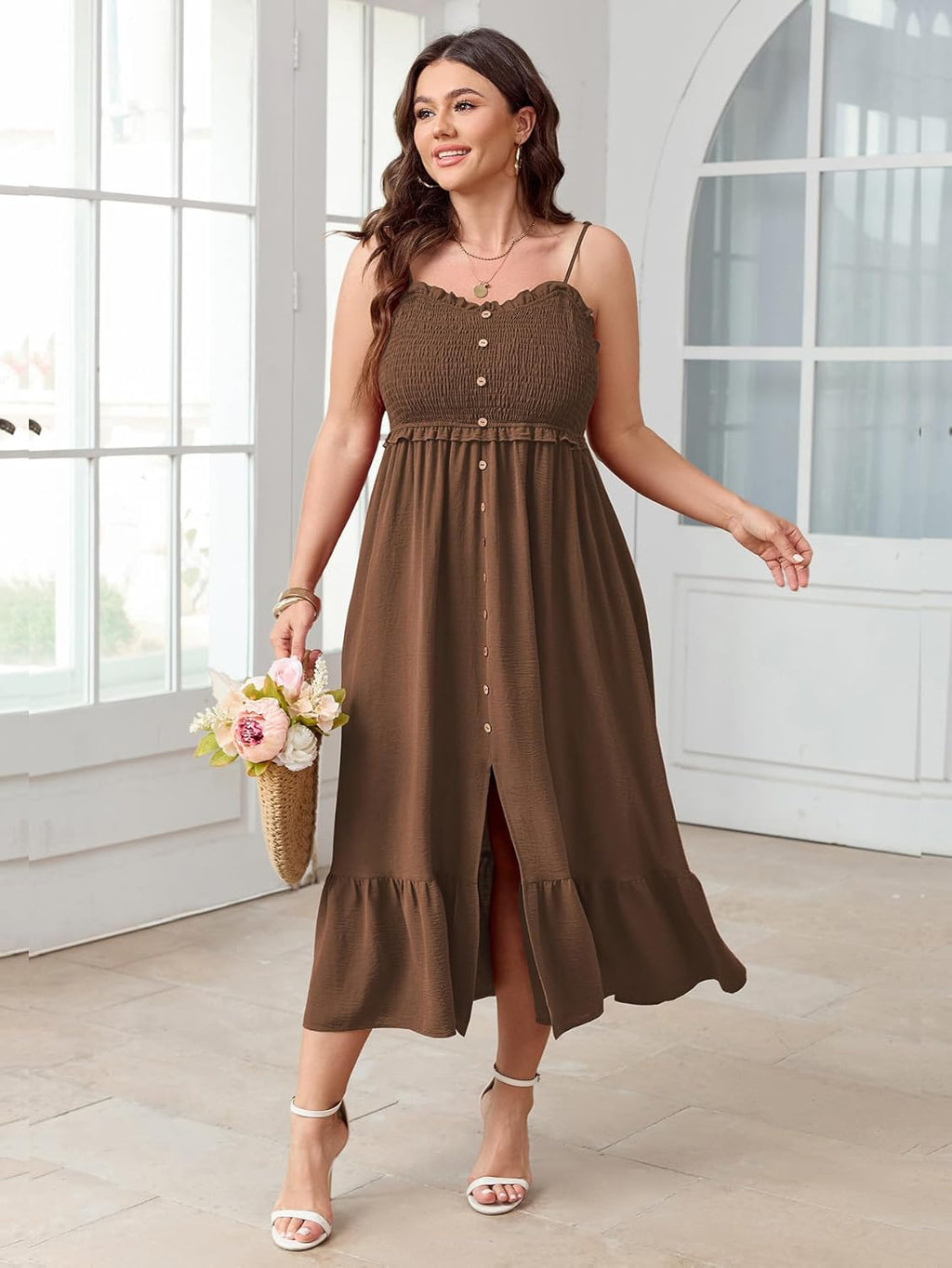 SCOMCHIC Womens Plus Size Summer Dresses Sleeveless Spaghetti Strap Button Down Smocked Beach Long Maxi Dress with Slit