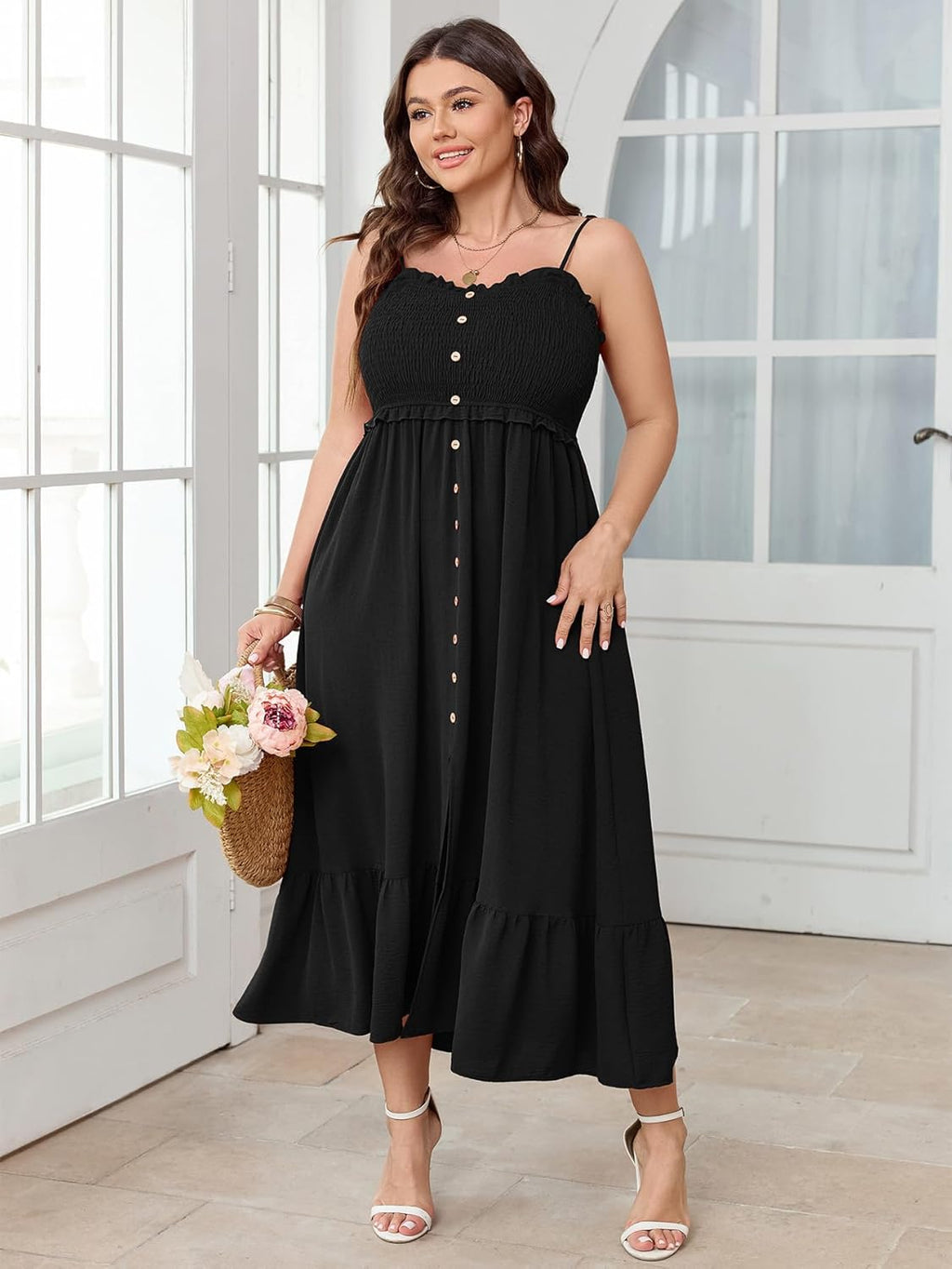 SCOMCHIC Womens Plus Size Summer Dresses Sleeveless Spaghetti Strap Button Down Smocked Beach Long Maxi Dress with Slit