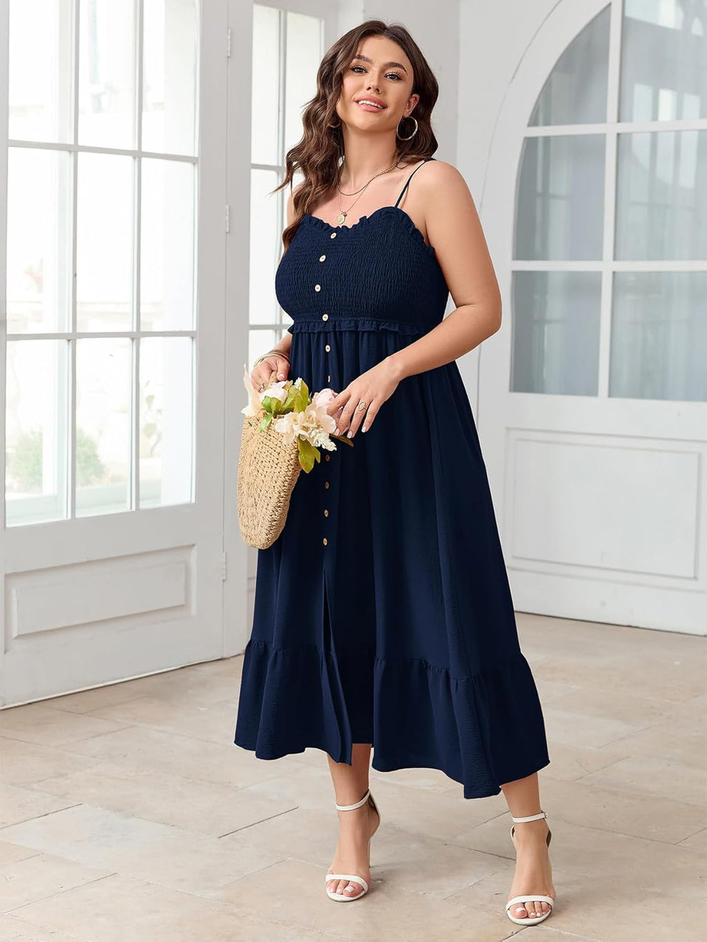 SCOMCHIC Womens Plus Size Summer Dresses Sleeveless Spaghetti Strap Button Down Smocked Beach Long Maxi Dress with Slit