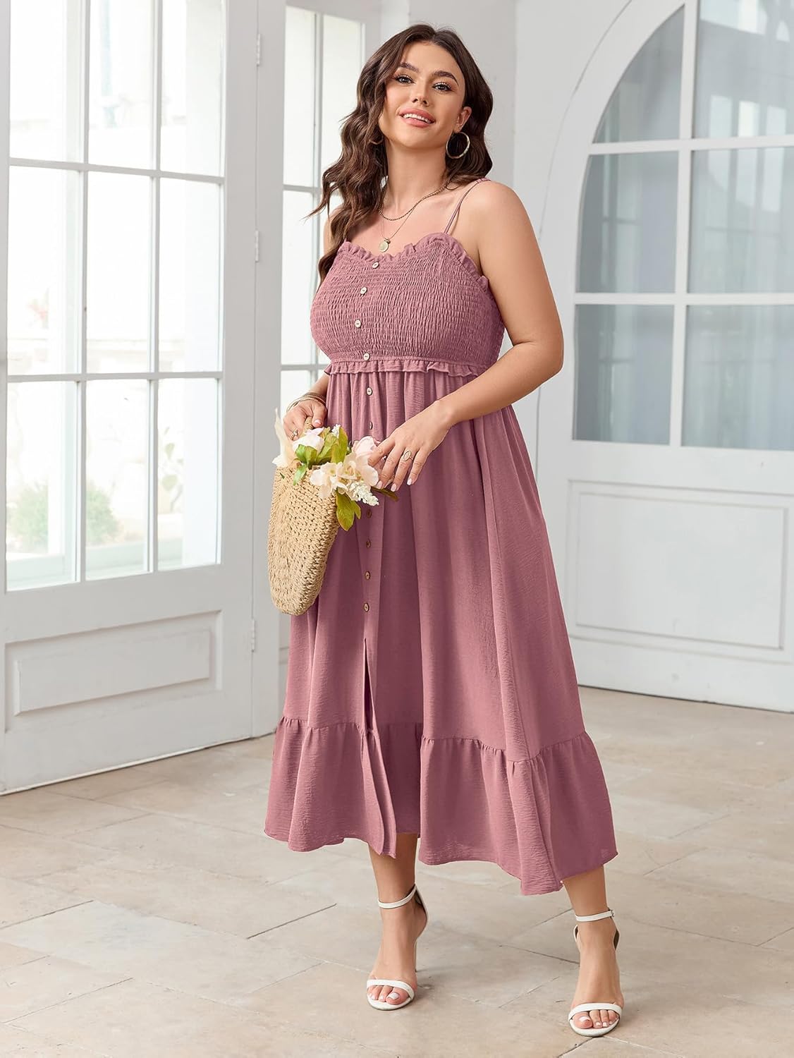 SCOMCHIC Womens Plus Size Summer Dresses Sleeveless Spaghetti Strap Button Down Smocked Beach Long Maxi Dress with Slit