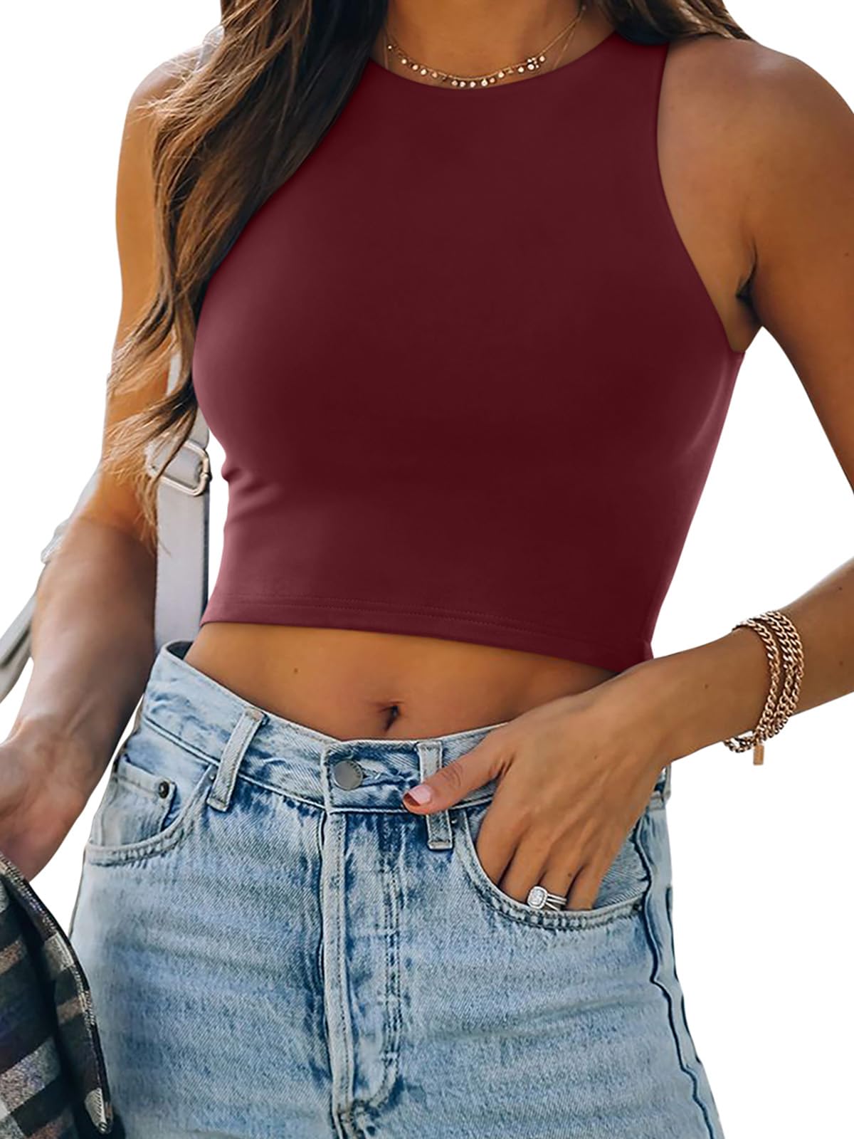 REORIA Women’s Sexy Sleeveless Racer Back Tank Tops Halter Neck Crop Tops