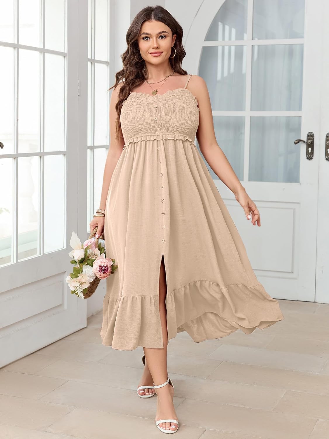 SCOMCHIC Womens Plus Size Summer Dresses Sleeveless Spaghetti Strap Button Down Smocked Beach Long Maxi Dress with Slit