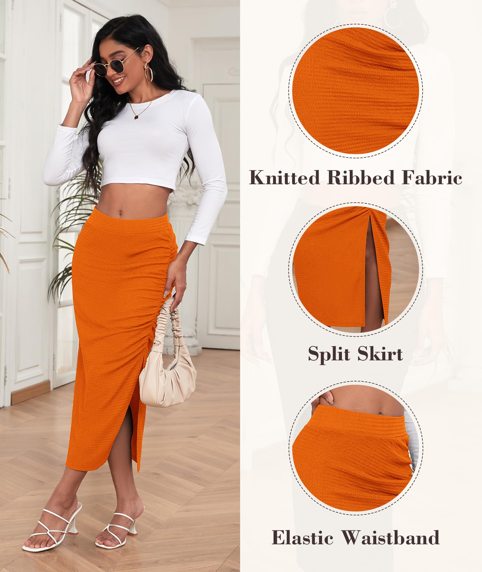 EARKOHA Pencil Midi Skirt for Women 2024 Fall Casual High Waist Ruched Ribbed Knit Stretchy Bodycon Skirt with Slit