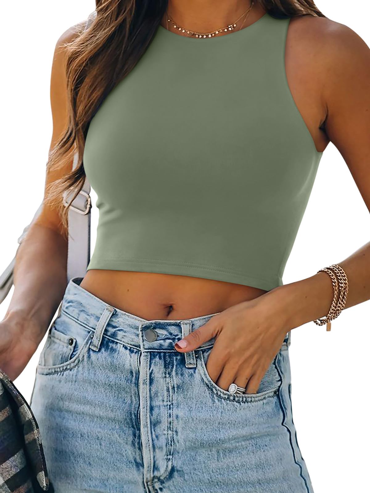 REORIA Women’s Sexy Sleeveless Racer Back Tank Tops Halter Neck Crop Tops