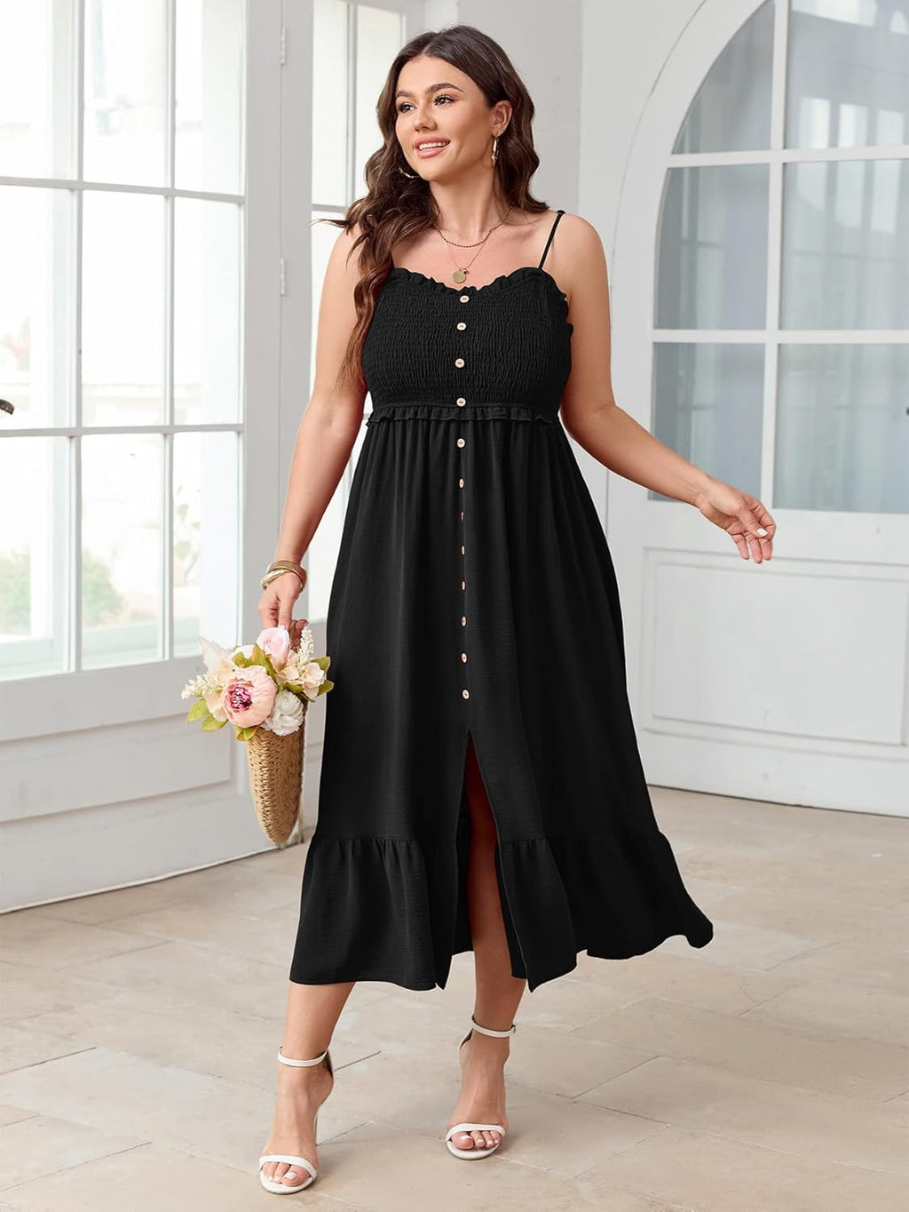 SCOMCHIC Womens Plus Size Summer Dresses Sleeveless Spaghetti Strap Button Down Smocked Beach Long Maxi Dress with Slit
