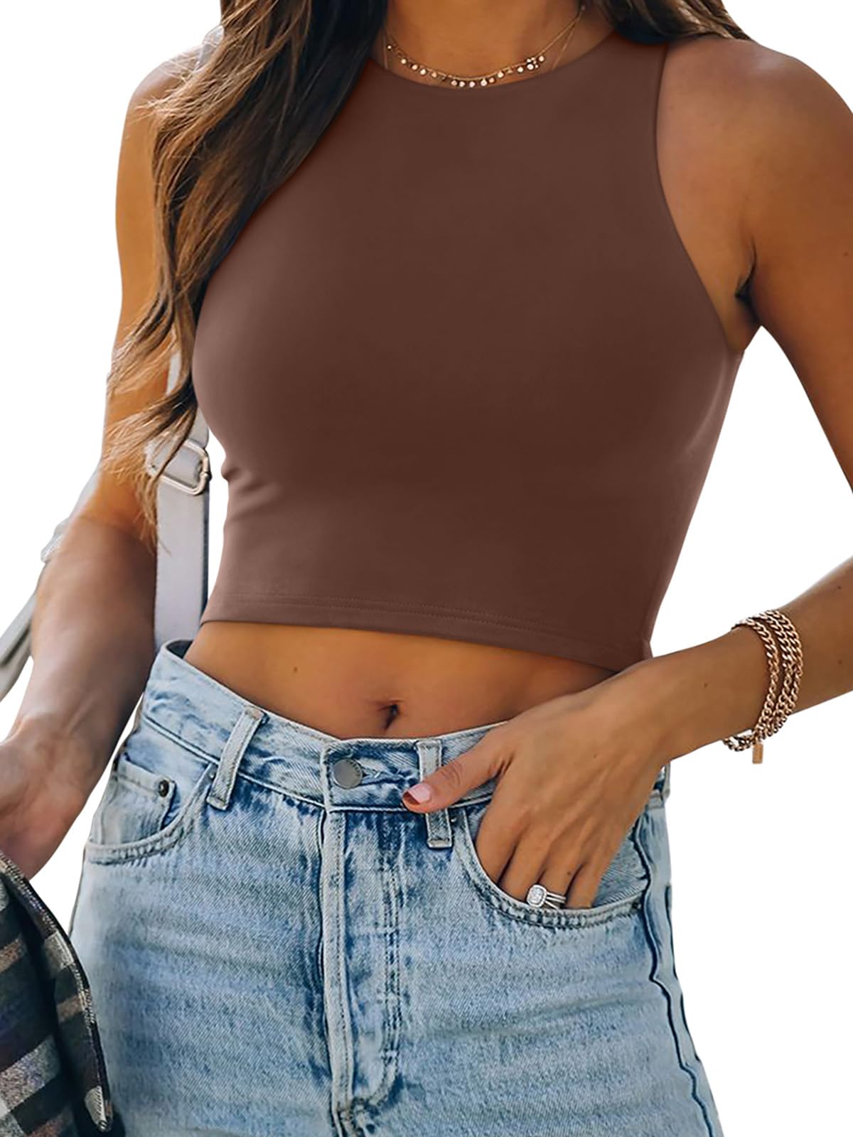 REORIA Women’s Sexy Sleeveless Racer Back Tank Tops Halter Neck Crop Tops