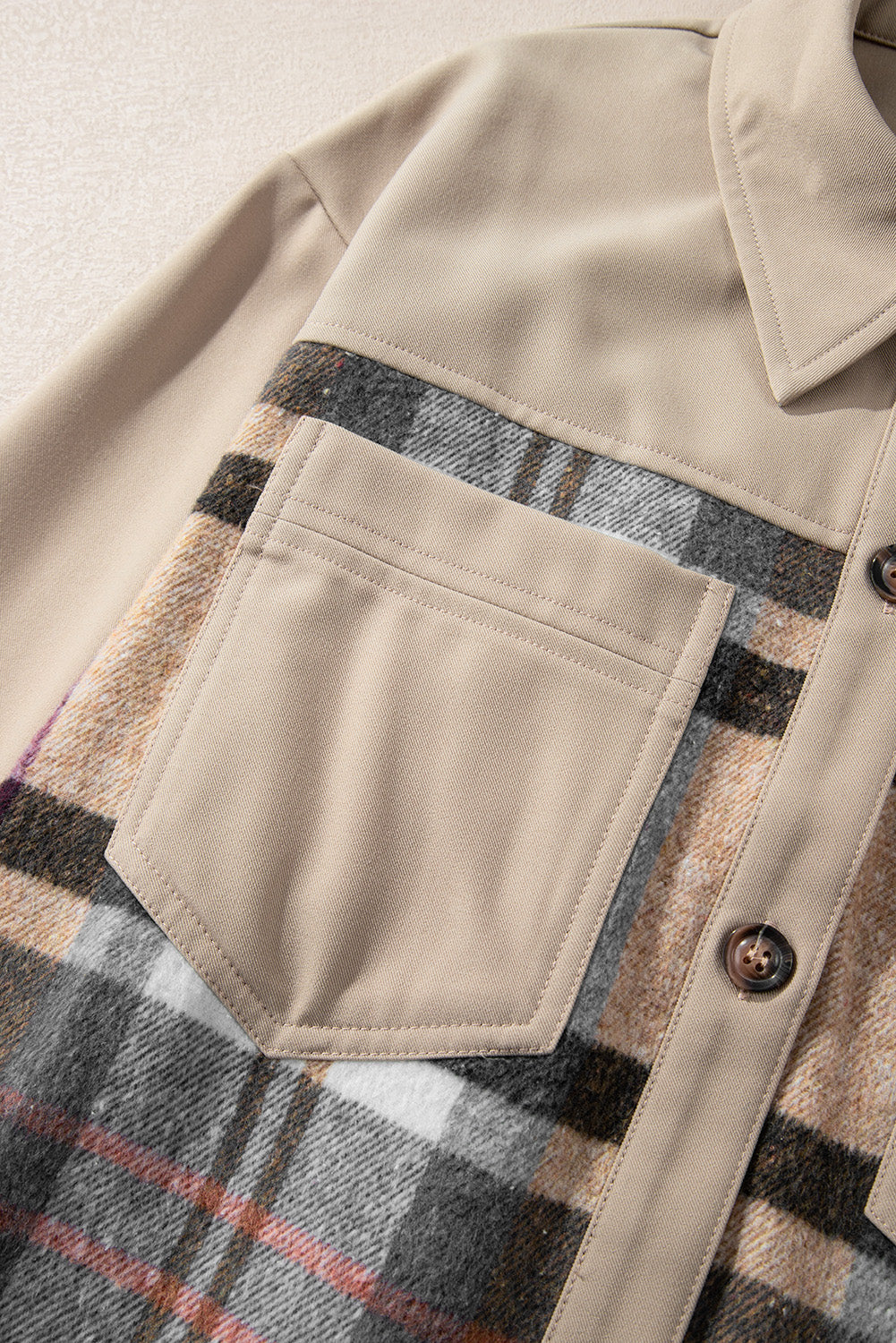 Khaki Plaid Patchwork Long Sleeve Mini Dress with Pockets