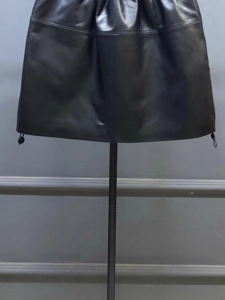 High Street Casual Women Genuine Leather Skirt Elastic Waist Sashes Fashion Cargo Mini Skirts Black Sheepskin A Line Skirts 4XL