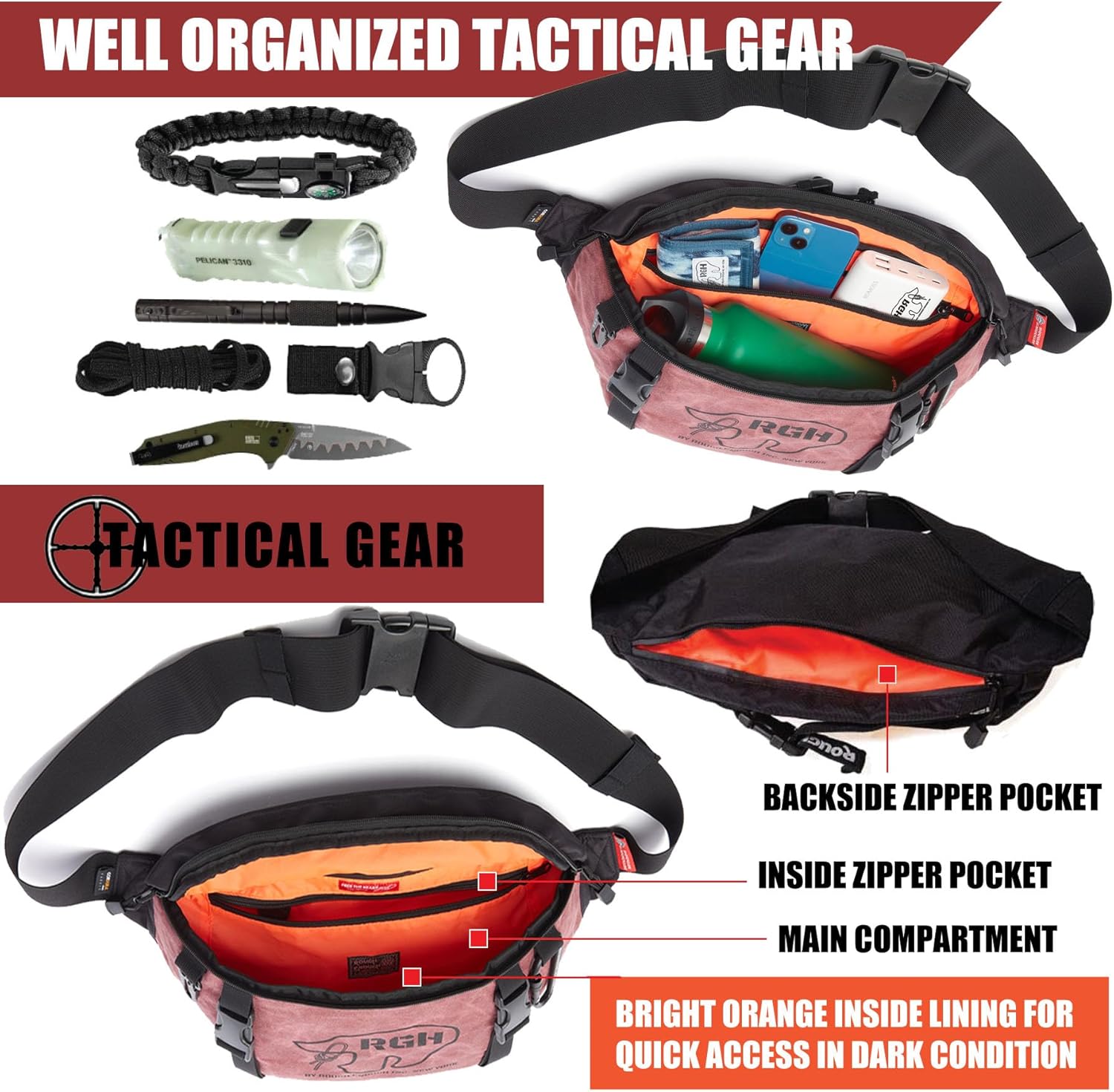 Rough Enough Mens Tactical Fanny Pack Crossbody Large Waist Bag for Men, Army Green, Large, Tactical Fanny Pack for Men