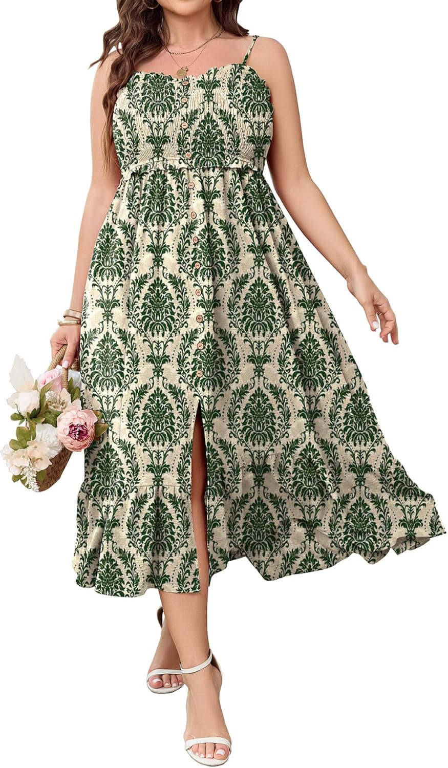 SCOMCHIC Womens Plus Size Summer Dresses Sleeveless Spaghetti Strap Button Down Smocked Beach Long Maxi Dress with Slit