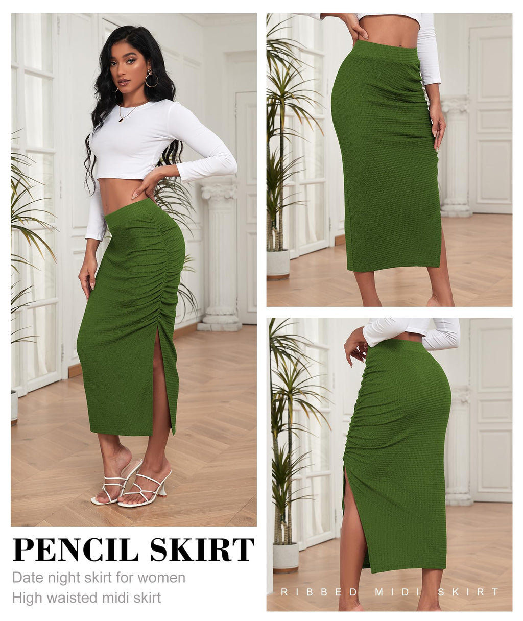 EARKOHA Pencil Midi Skirt for Women 2024 Fall Casual High Waist Ruched Ribbed Knit Stretchy Bodycon Skirt with Slit