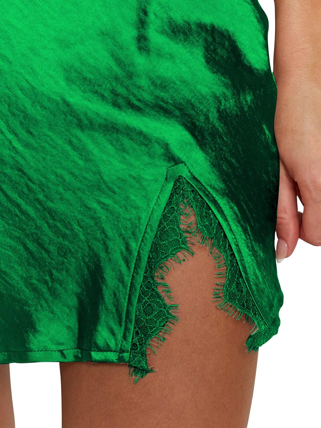 LYANER Women's Satin Lace Trim Split Slit Hem Zipper High Wasit Mini Short Skirt