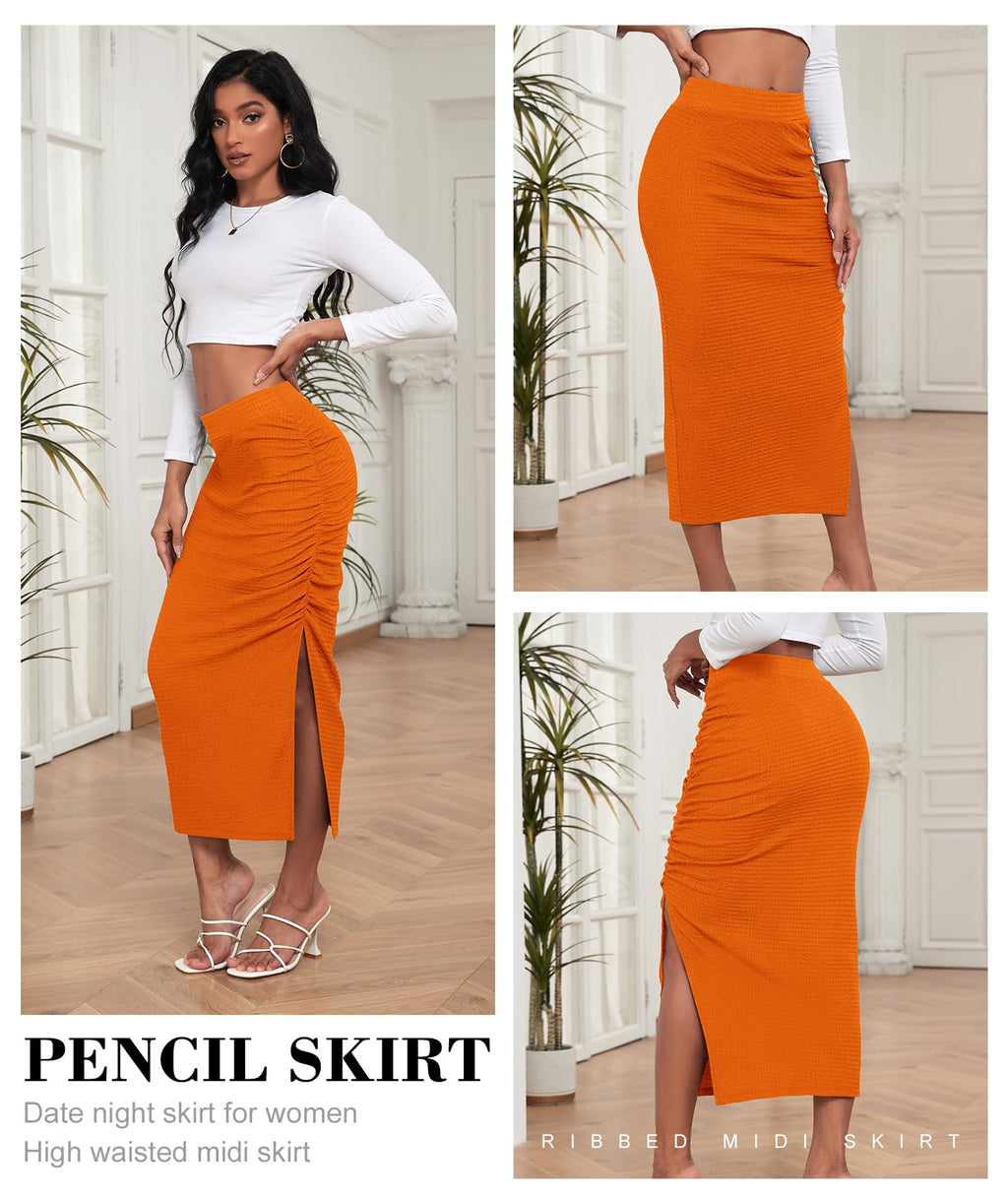 EARKOHA Pencil Midi Skirt for Women 2024 Fall Casual High Waist Ruched Ribbed Knit Stretchy Bodycon Skirt with Slit