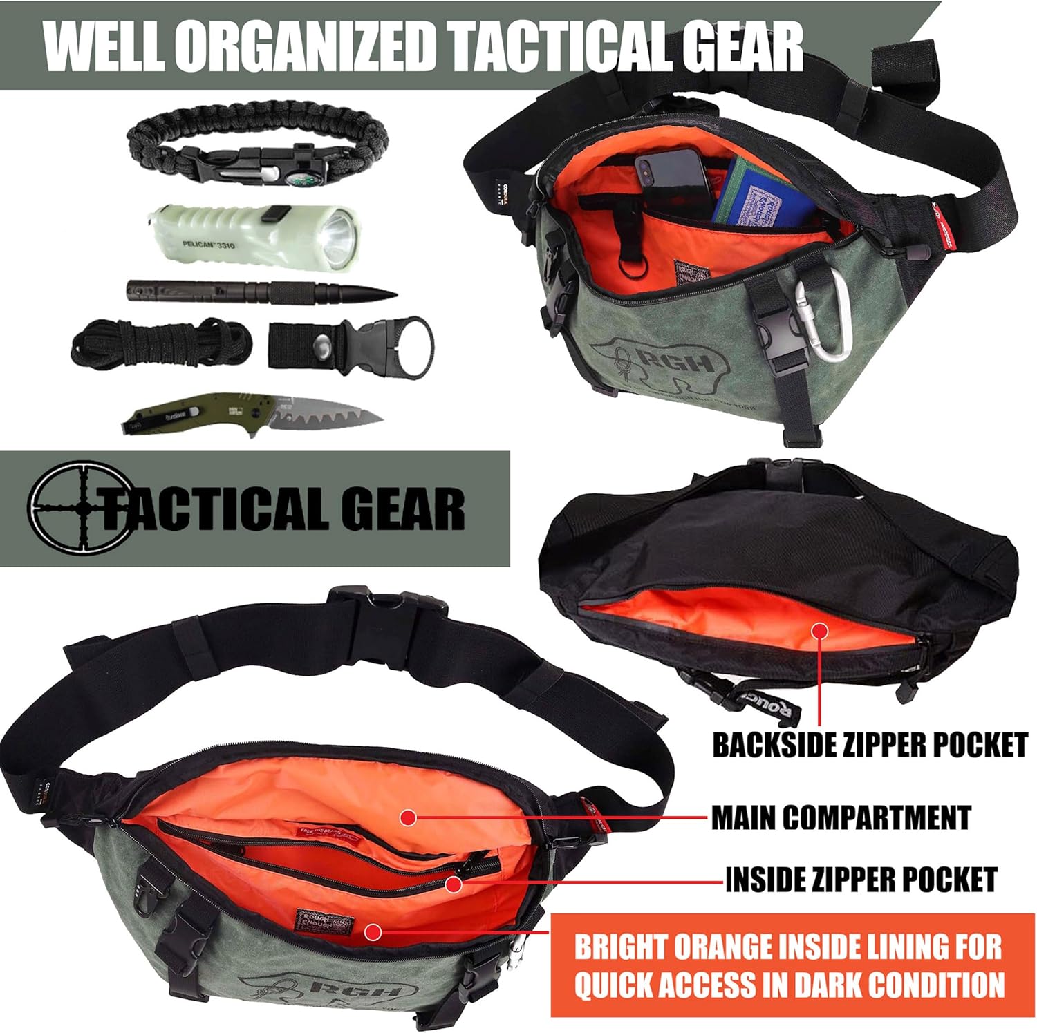 Rough Enough Mens Tactical Fanny Pack Crossbody Large Waist Bag for Men, Army Green, Large, Tactical Fanny Pack for Men