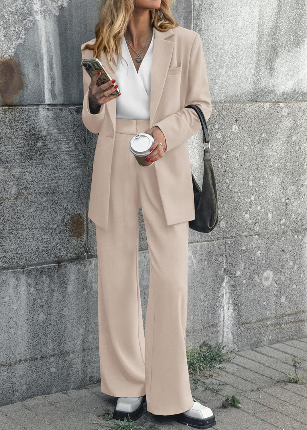 KIRUNDO Women's 2025 Spring Fall 2 Piece Blazer Set Casual Loose Long Blazer Jackets and Dressy Wide Leg Pant Suits Pockets