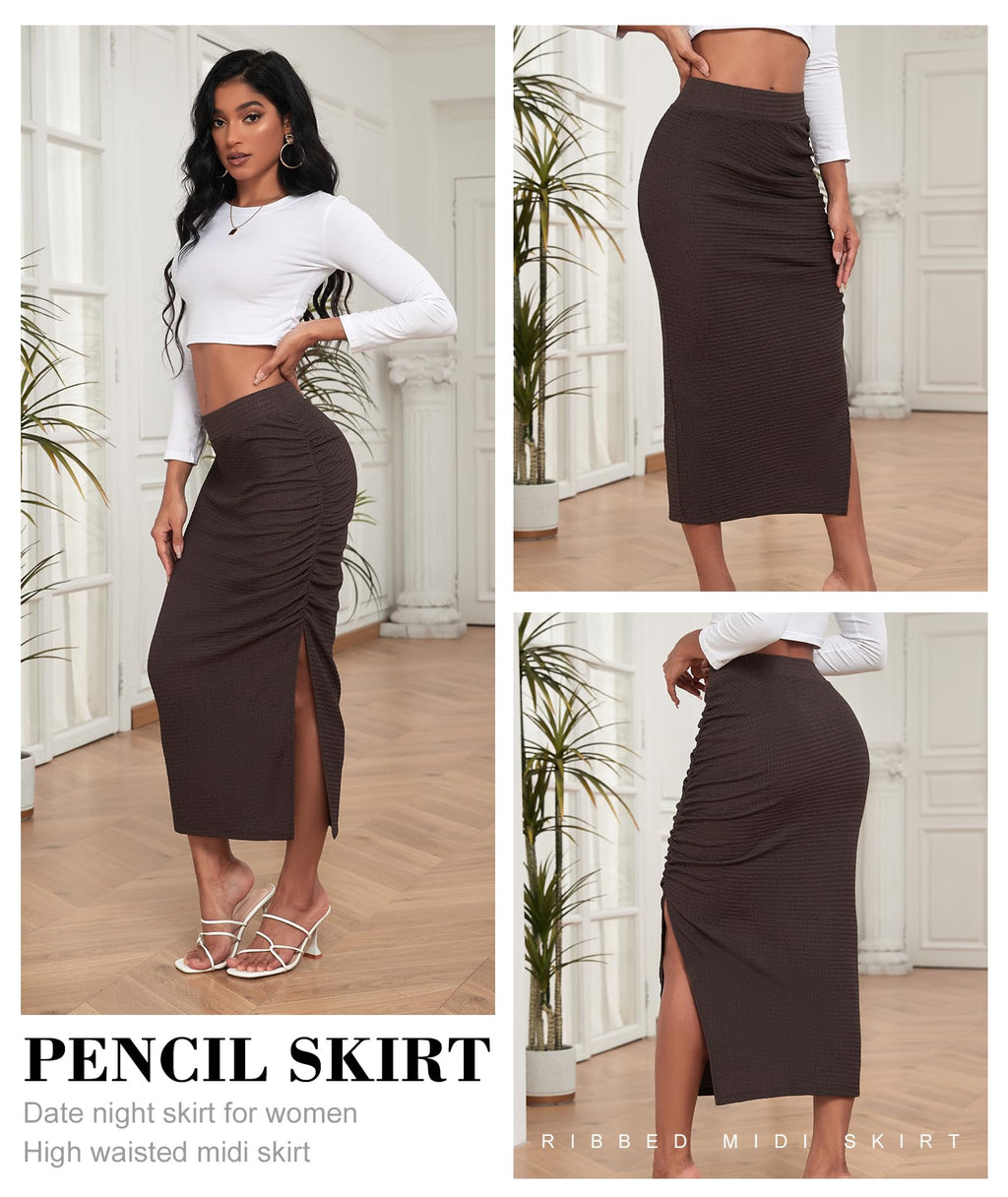 EARKOHA Pencil Midi Skirt for Women 2024 Fall Casual High Waist Ruched Ribbed Knit Stretchy Bodycon Skirt with Slit