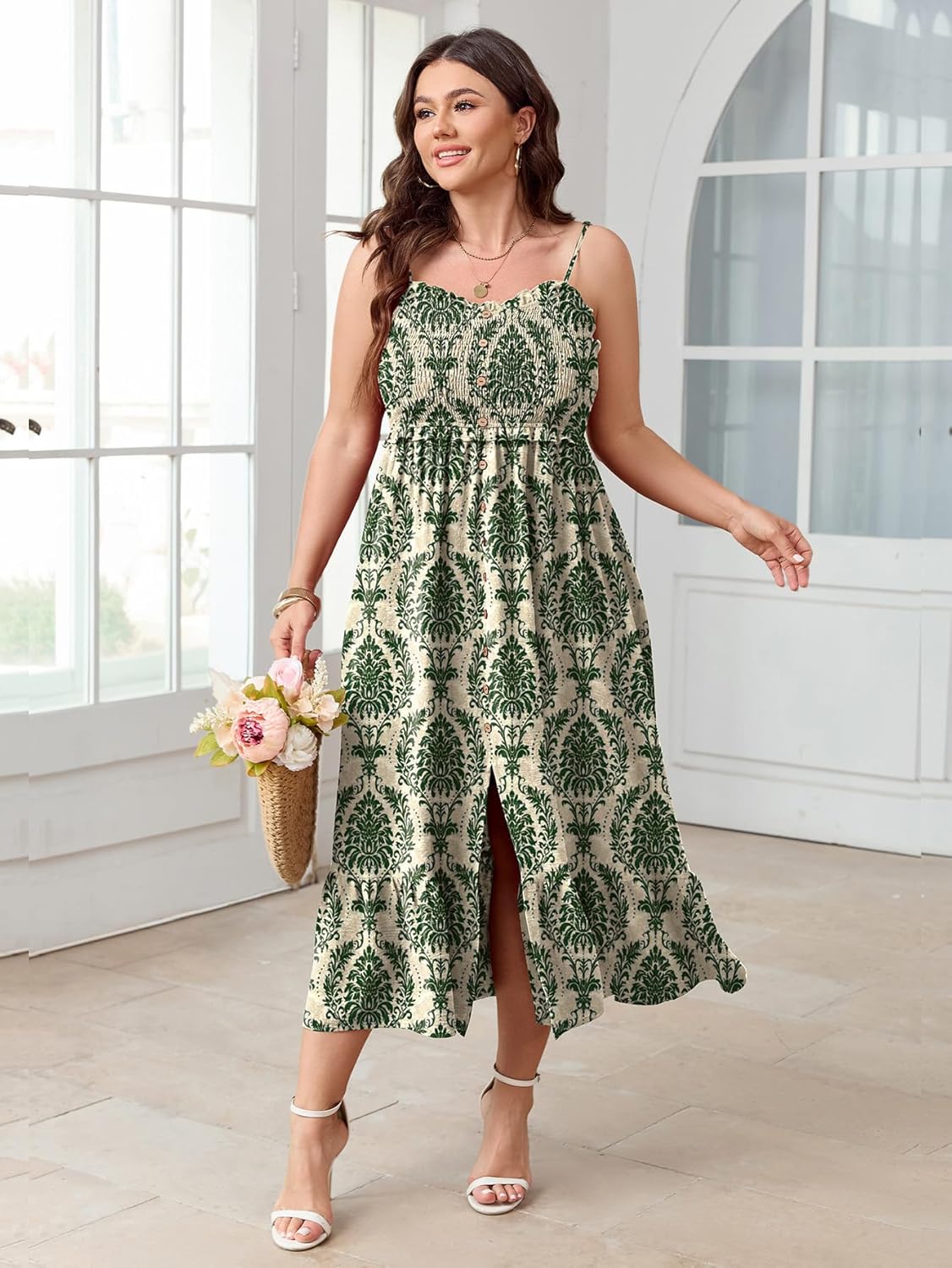 SCOMCHIC Womens Plus Size Summer Dresses Sleeveless Spaghetti Strap Button Down Smocked Beach Long Maxi Dress with Slit