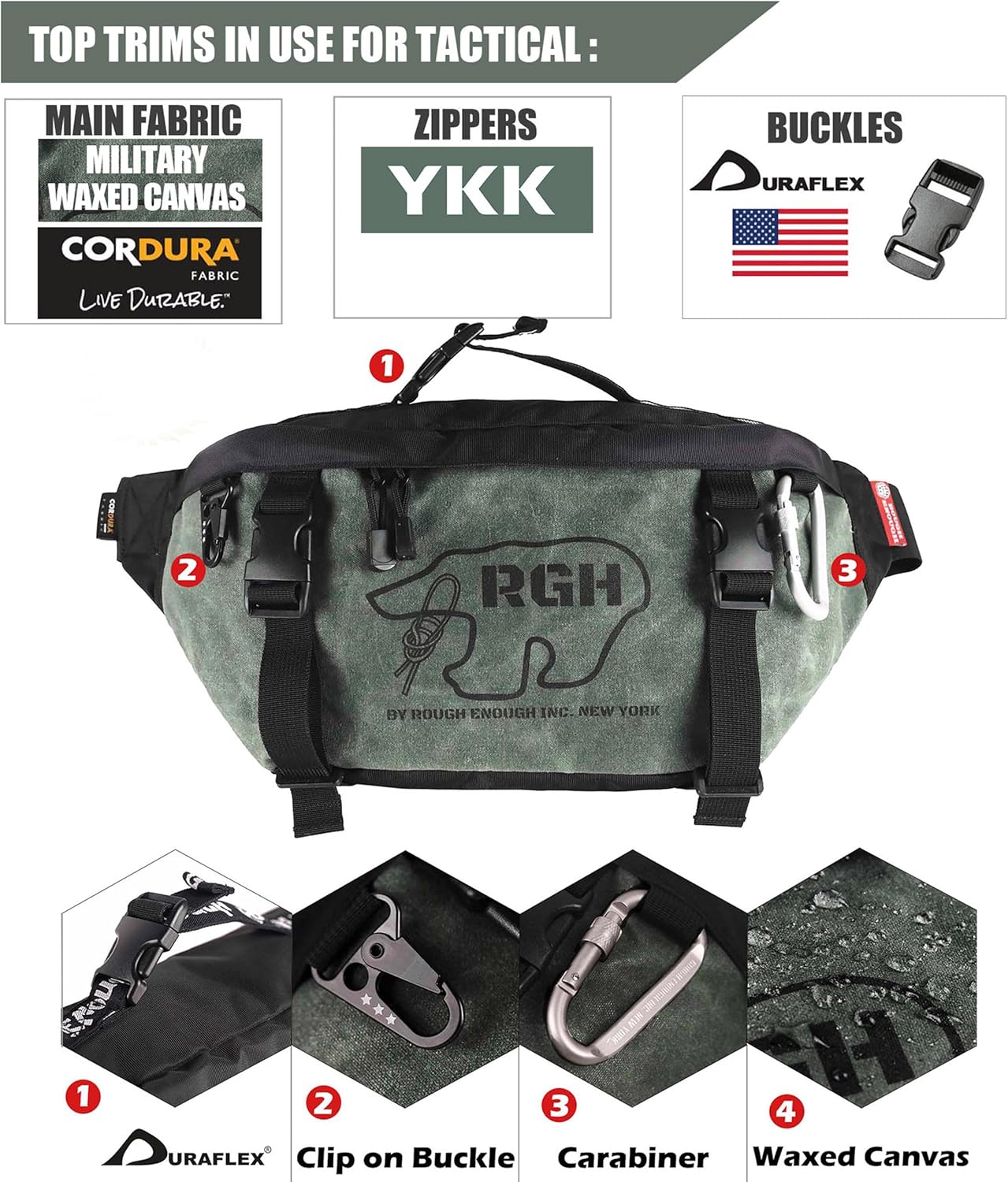 Rough Enough Mens Tactical Fanny Pack Crossbody Large Waist Bag for Men, Army Green, Large, Tactical Fanny Pack for Men