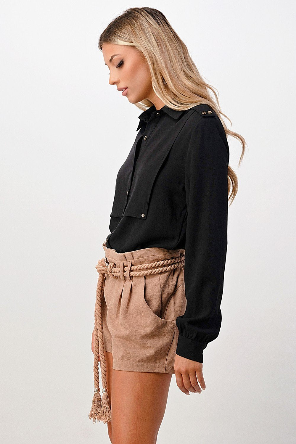 Long Sleeve Button-Down Blouse with Gold Button Accents