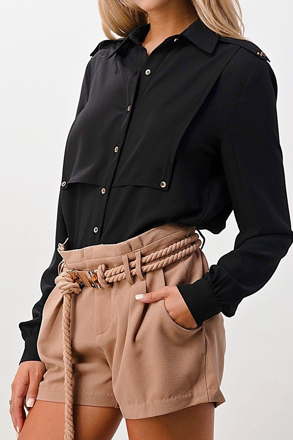 Long Sleeve Button-Down Blouse with Gold Button Accents