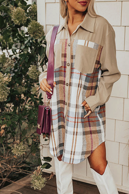Khaki Plaid Patchwork Long Sleeve Mini Dress with Pockets