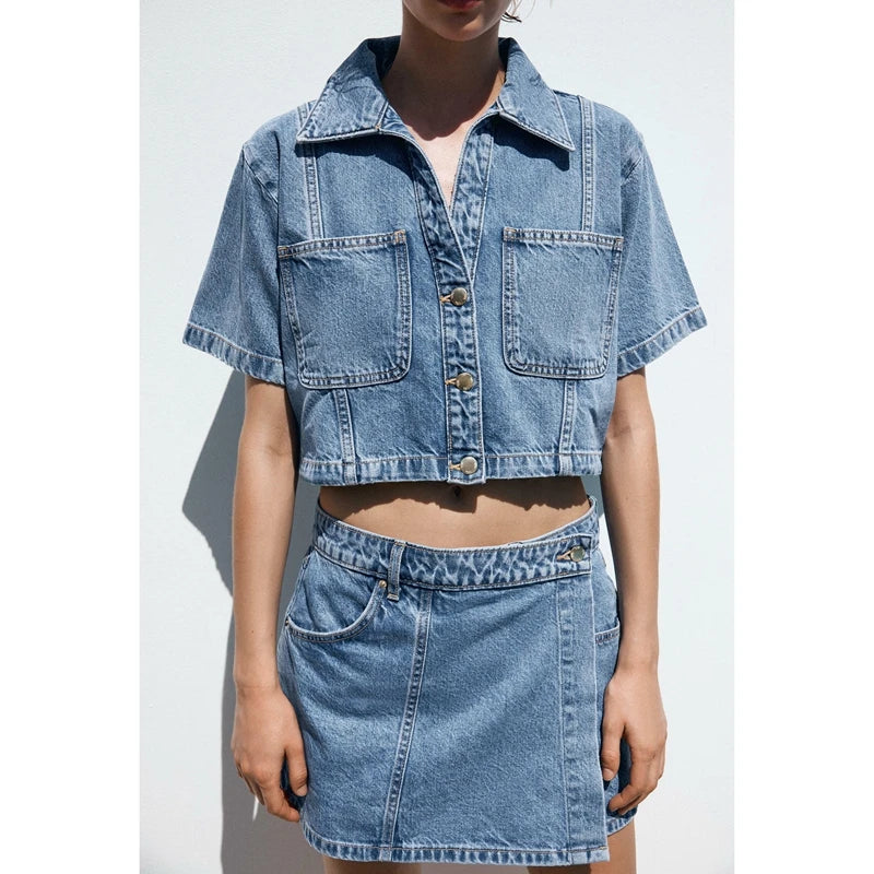 Women Summer 2Piece Y2K Retro Denim Outfits Set Lapel Neck Lapel Button-down Shirt+ Asymmetric A-line Wide Leg Skorts