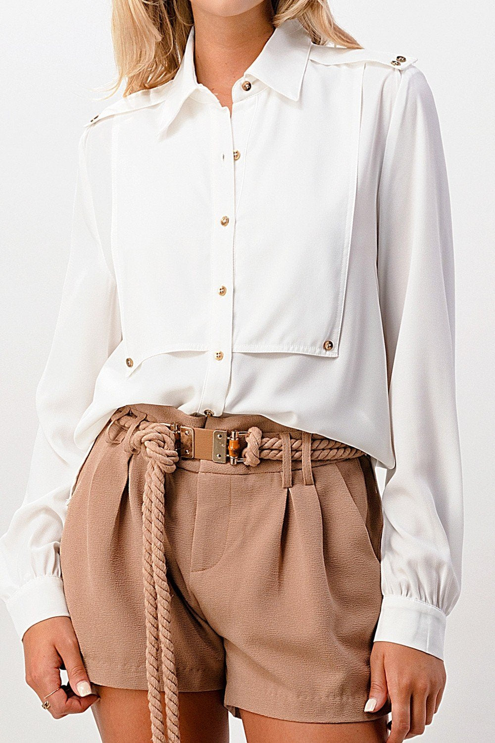 Long Sleeve Button-Down Blouse with Gold Button Accents