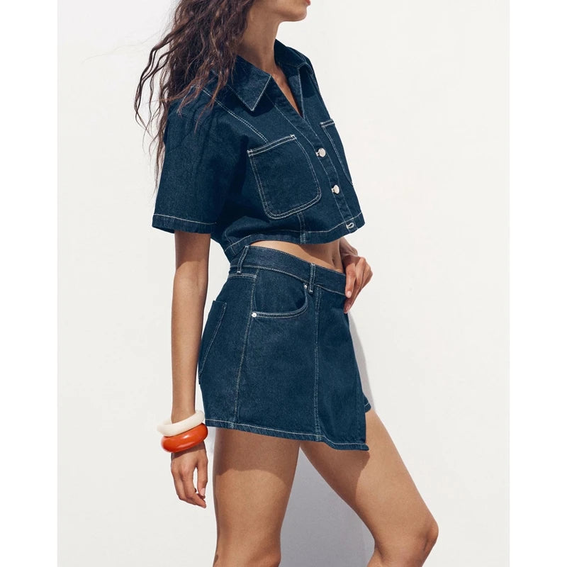 Women Summer 2Piece Y2K Retro Denim Outfits Set Lapel Neck Lapel Button-down Shirt+ Asymmetric A-line Wide Leg Skorts