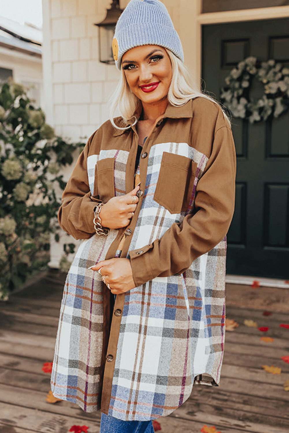 Khaki Plaid Patchwork Long Sleeve Mini Dress with Pockets