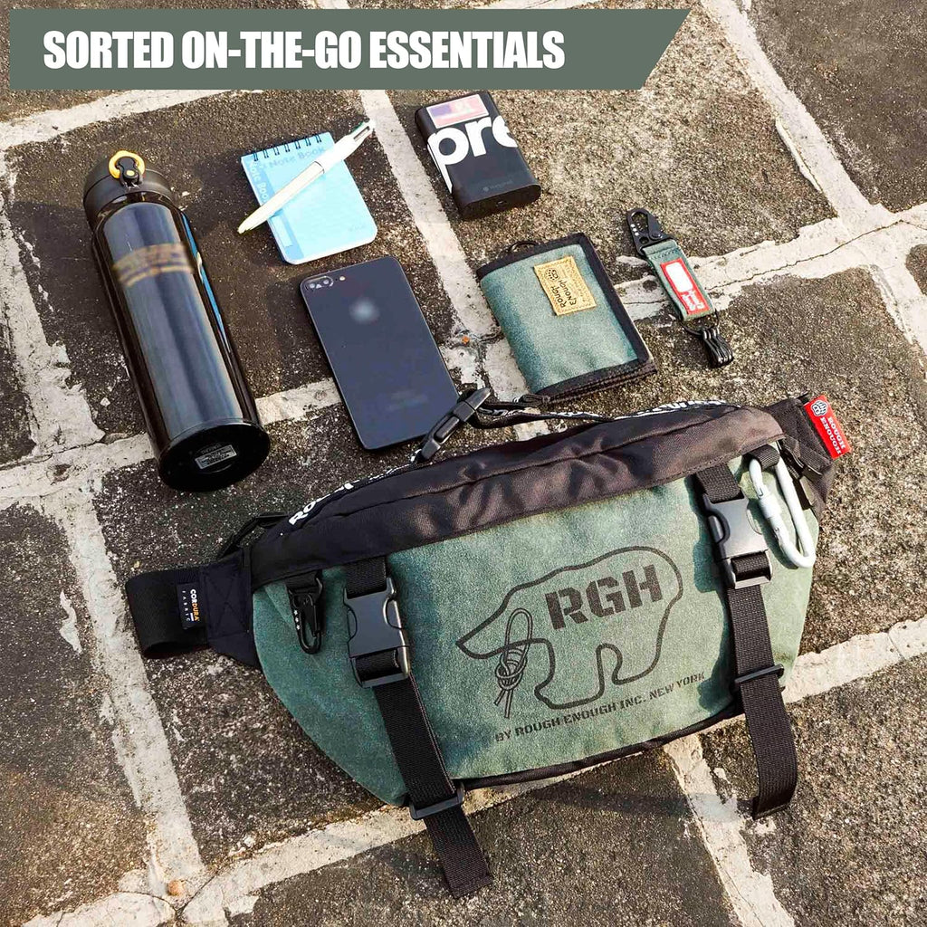 Rough Enough Mens Tactical Fanny Pack Crossbody Large Waist Bag for Men, Army Green, Large, Tactical Fanny Pack for Men