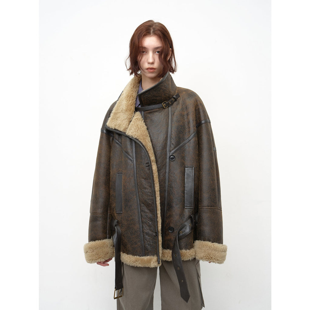 "London Street"Motorcycle Style Lapel Imported Merino Fur One-Piece Fur Jacket
