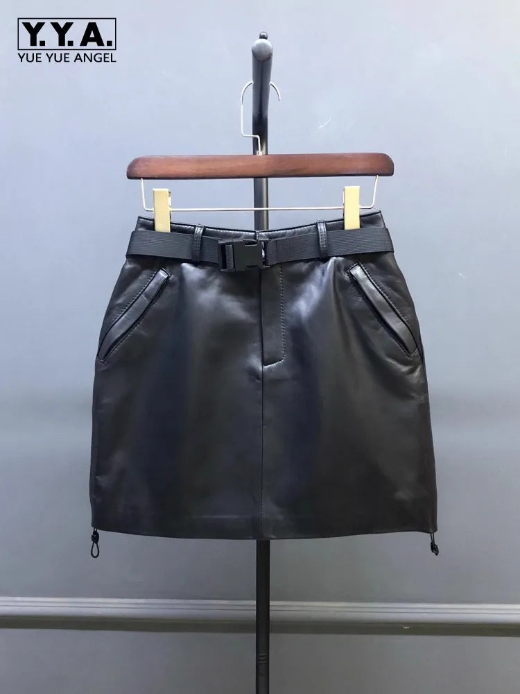 High Street Casual Women Genuine Leather Skirt Elastic Waist Sashes Fashion Cargo Mini Skirts Black Sheepskin A Line Skirts 4XL