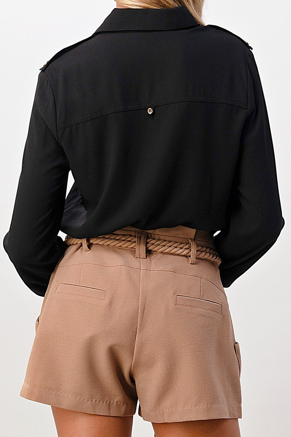 Long Sleeve Button-Down Blouse with Gold Button Accents