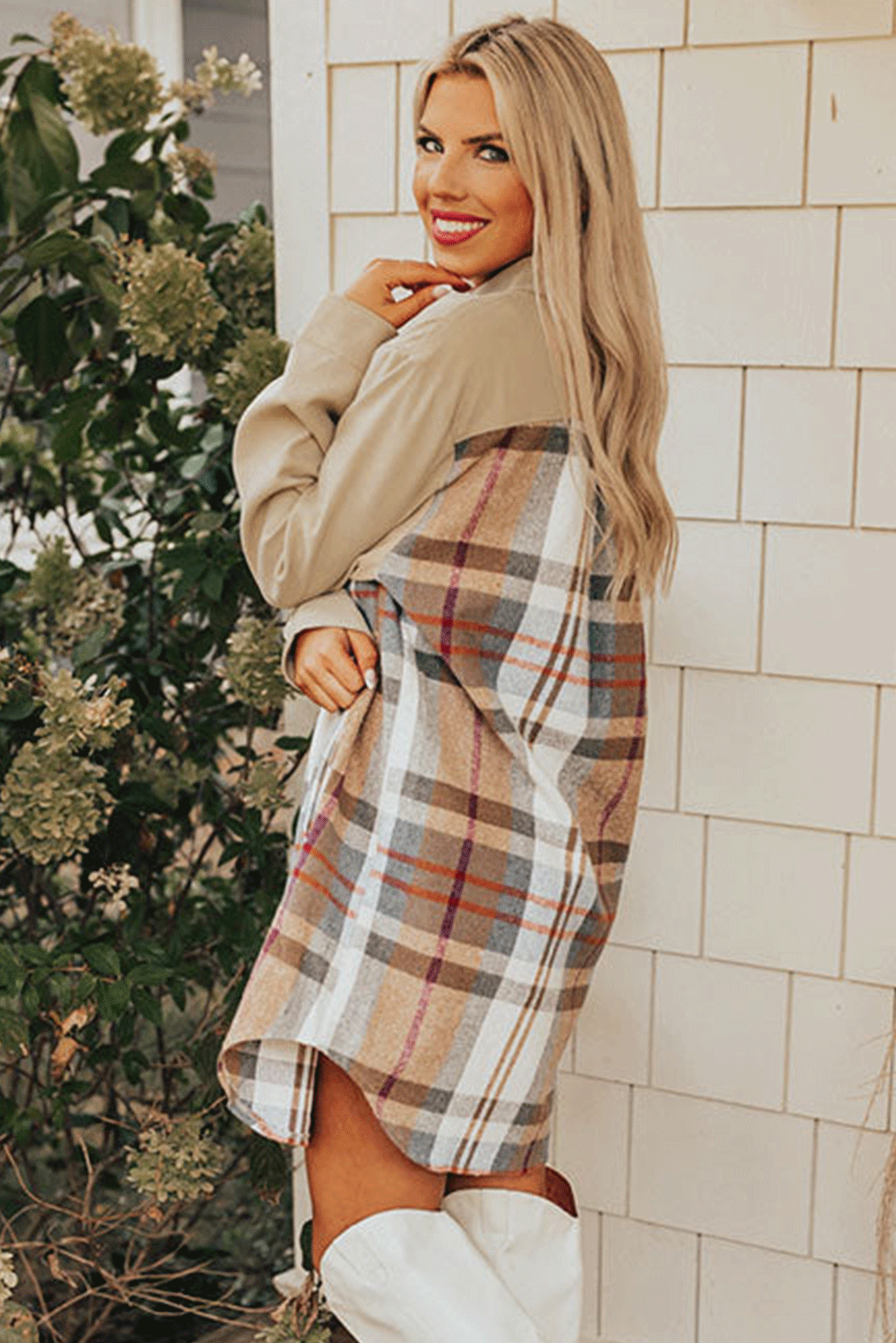 Khaki Plaid Patchwork Long Sleeve Mini Dress with Pockets