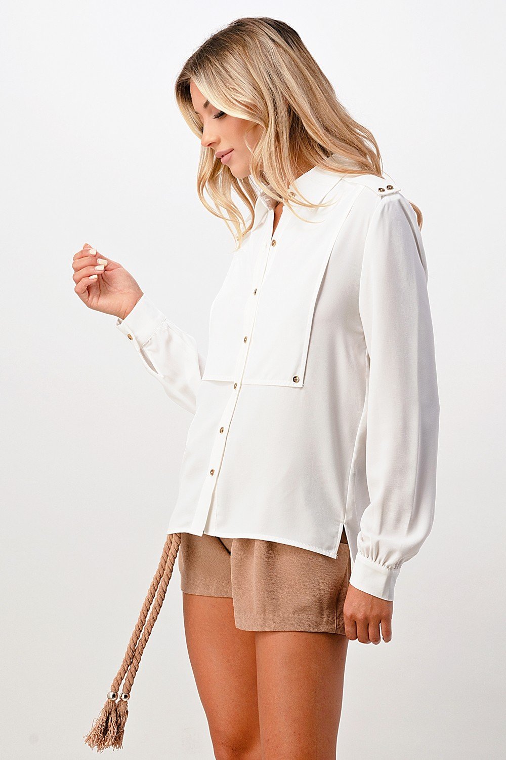 Long Sleeve Button-Down Blouse with Gold Button Accents