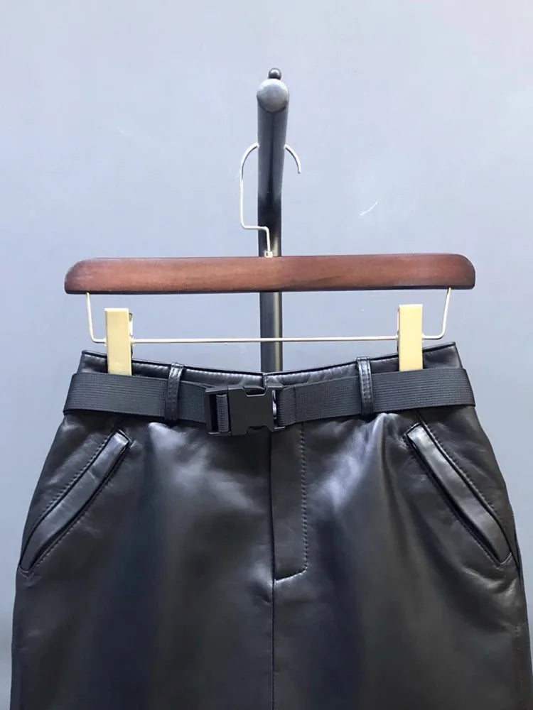 High Street Casual Women Genuine Leather Skirt Elastic Waist Sashes Fashion Cargo Mini Skirts Black Sheepskin A Line Skirts 4XL