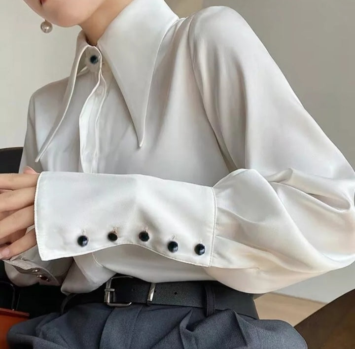 Minimalist Turn Down Collar Silk Woman Autumn Vintage Satin Blouse