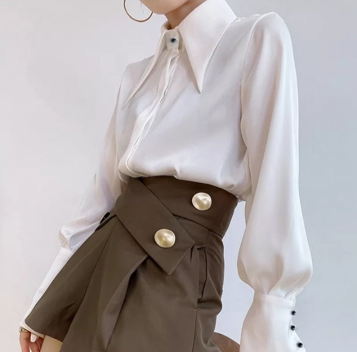 Minimalist Turn Down Collar Silk Woman Autumn Vintage Satin Blouse