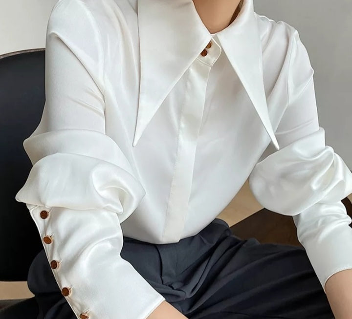 Minimalist Turn Down Collar Silk Woman Autumn Vintage Satin Blouse