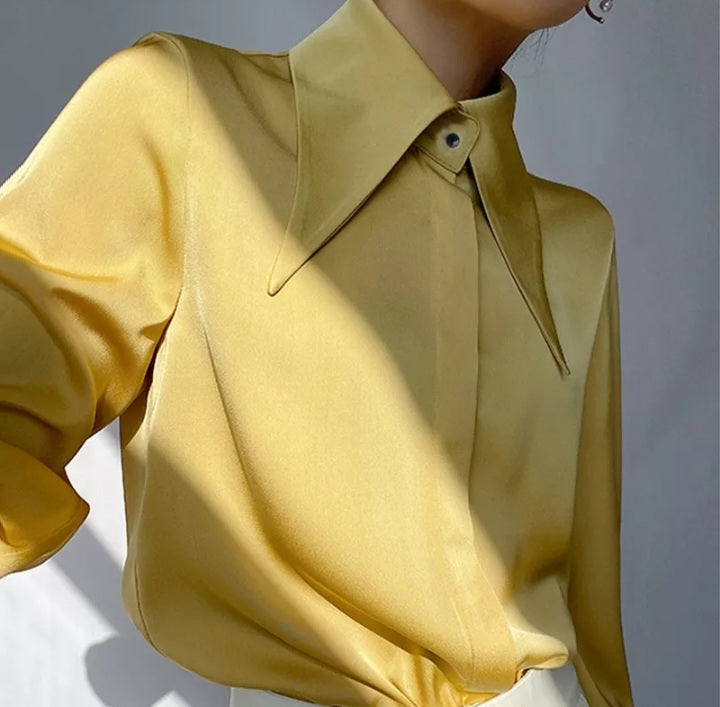 Minimalist Turn Down Collar Silk Woman Autumn Vintage Satin Blouse