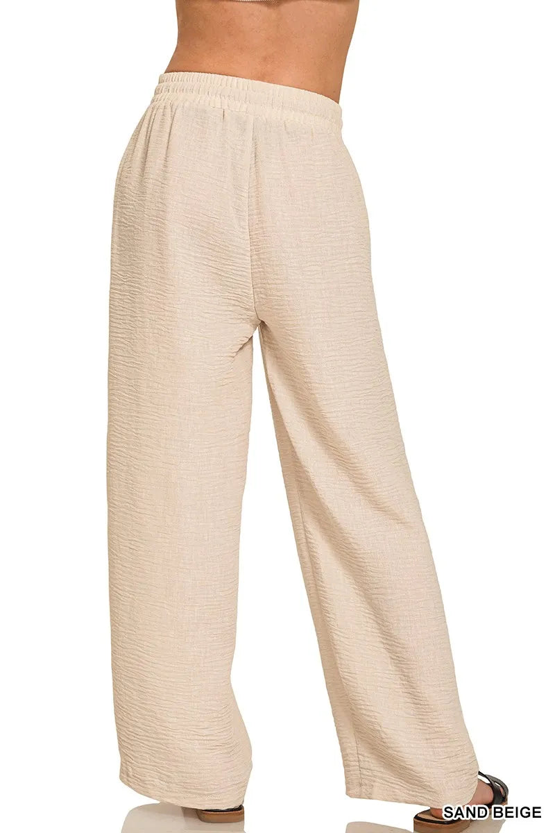 Zenana Woven Crepe Elastic Band Pants