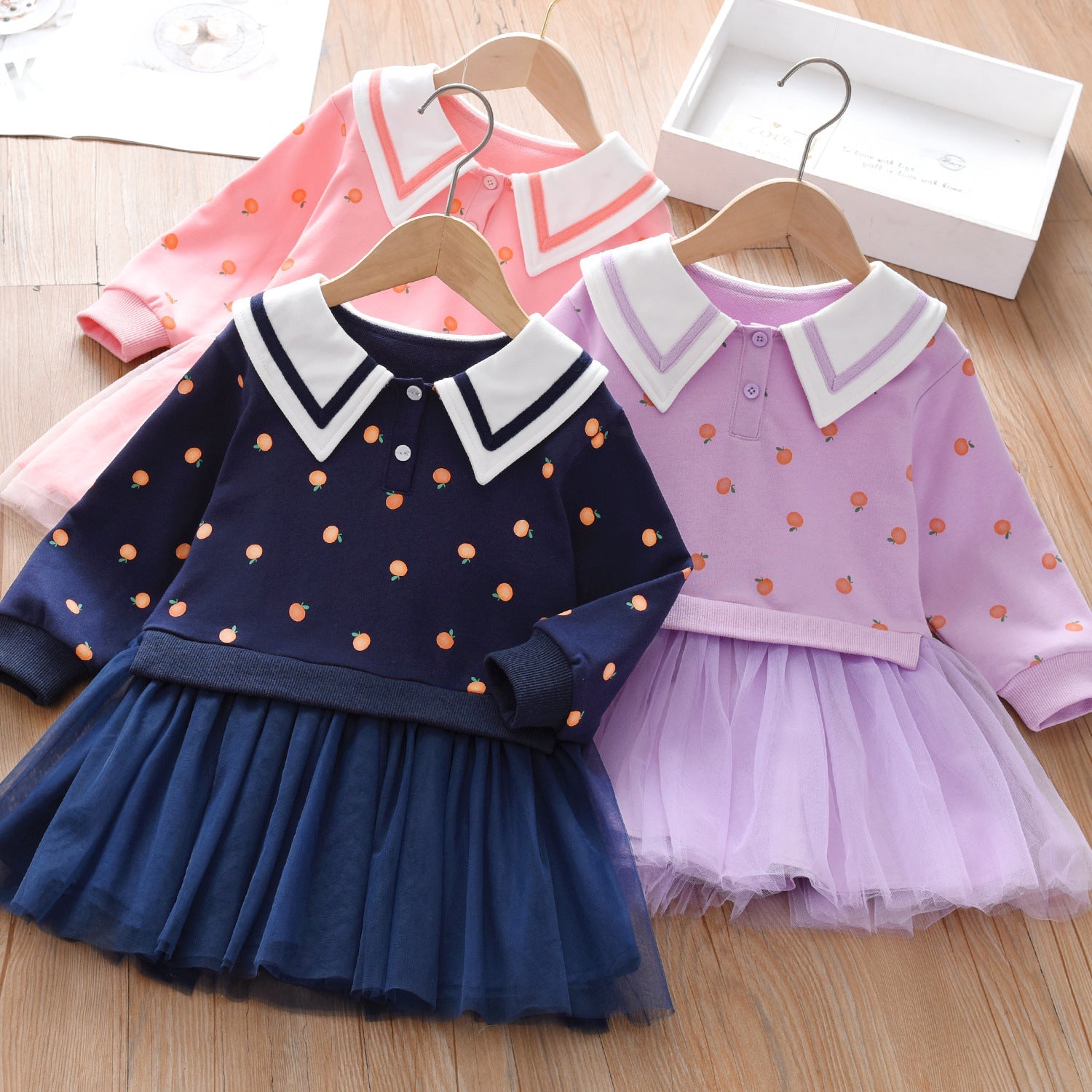 Baby Girl Fruit Pattern College Style Lapel Design Mesh Patchwork